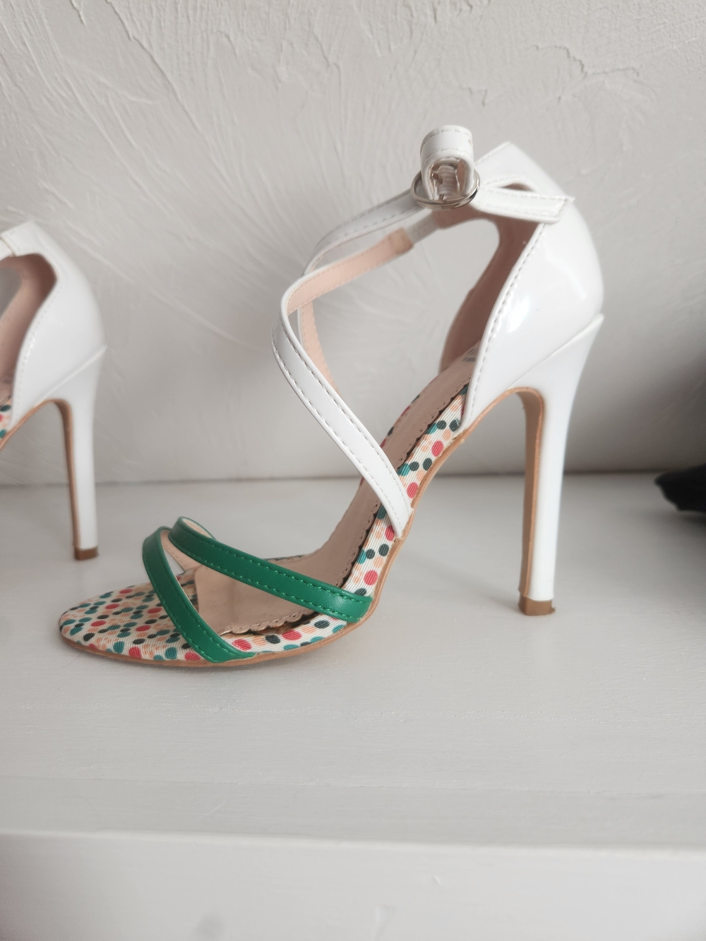 Shoe Dazzle White and Green Polka Dot High Heel Sandal